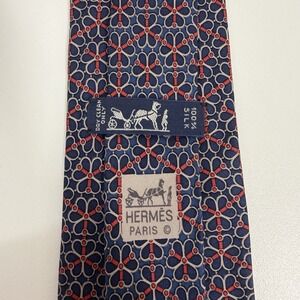 Hermes Men's Tie Honeycomb Bridle Clover Chain Navy/Red 7078 OA 3 1/8" x 55" guc
